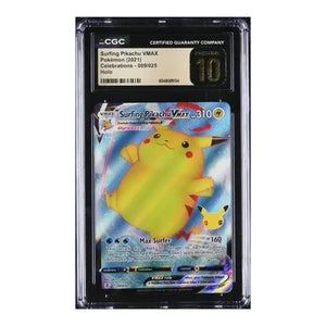 Surfing pikachu vmax pokémon card, featuring a yellow and white design with electric symbols.