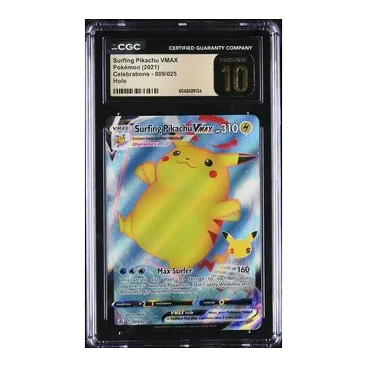 Surfing pikachu vmax pokémon card, featuring a yellow and white design with electric symbols.