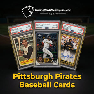 Three collectible pittsburgh pirates baseball cards in protective psa grading slabs, featuring roberto clemente, onel cruz, and barry bonds with gold-bordered designs.
