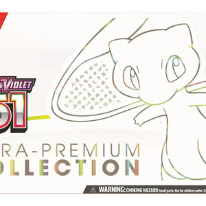 Mew appears as a simple line drawing outline against the Pokémon Scarlet & Violet 151 Ultra-Premium Collection logo.