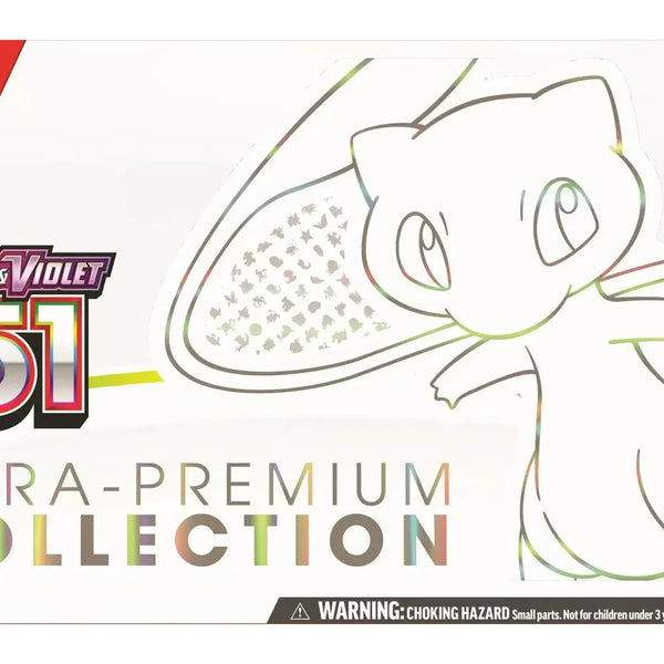 Mew appears as a simple line drawing outline against the Pokémon Scarlet & Violet 151 Ultra-Premium Collection logo.