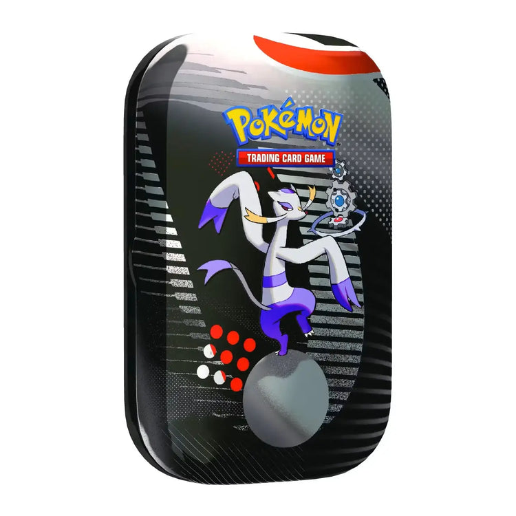 Black and silver pokémon trading card game tin with a shiny surface.