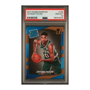 2017 panini donruss rated rookie jayson tatum #198 basketball trading card in a psa 10 protective case.