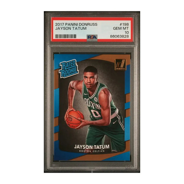 2017 panini donruss rated rookie jayson tatum #198 basketball trading card in a psa 10 protective case.