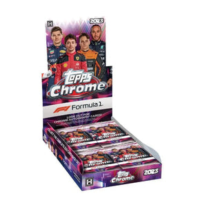 Display box of 2023 Topps Chrome Formula 1 trading cards.