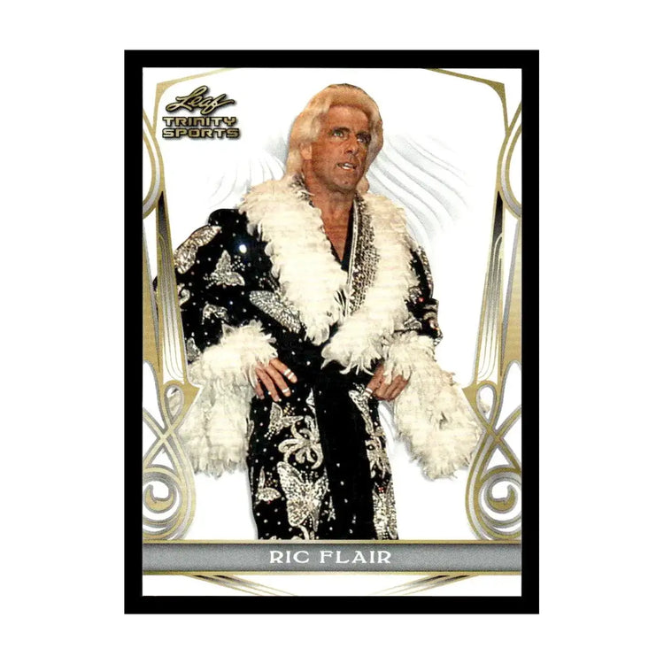 Ric flair wrestling card with yellow border and blue background.