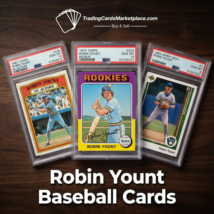 Three graded robin yount baseball cards in clear protective cases, featuring vintage designs and colorful borders with the player’s name prominently displayed.