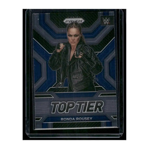 Black leather jacket worn by ronda rousey on a wwe prizm top tier trading card.