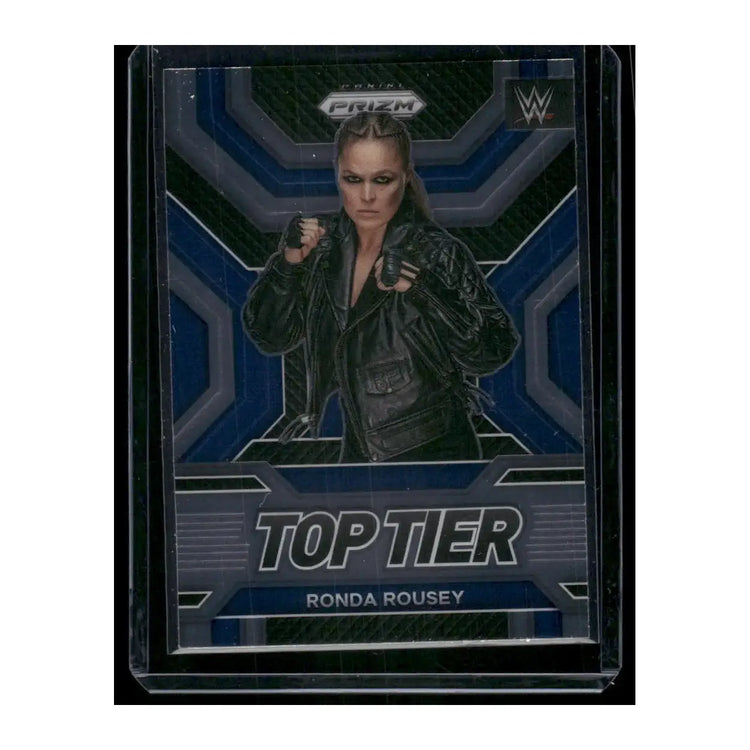 Black leather jacket worn by ronda rousey on a wwe prizm top tier trading card.