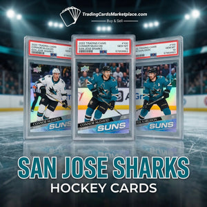 Three collectible hockey trading cards in clear protective cases, featuring players from the san jose sharks team with vibrant teal and white designs.