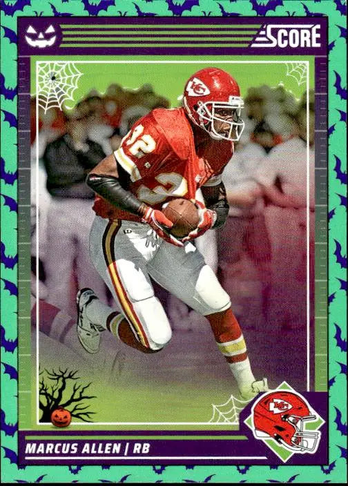 Football trading card featuring Marcus Allen from 2024 Score-A-Treat Green Bats set