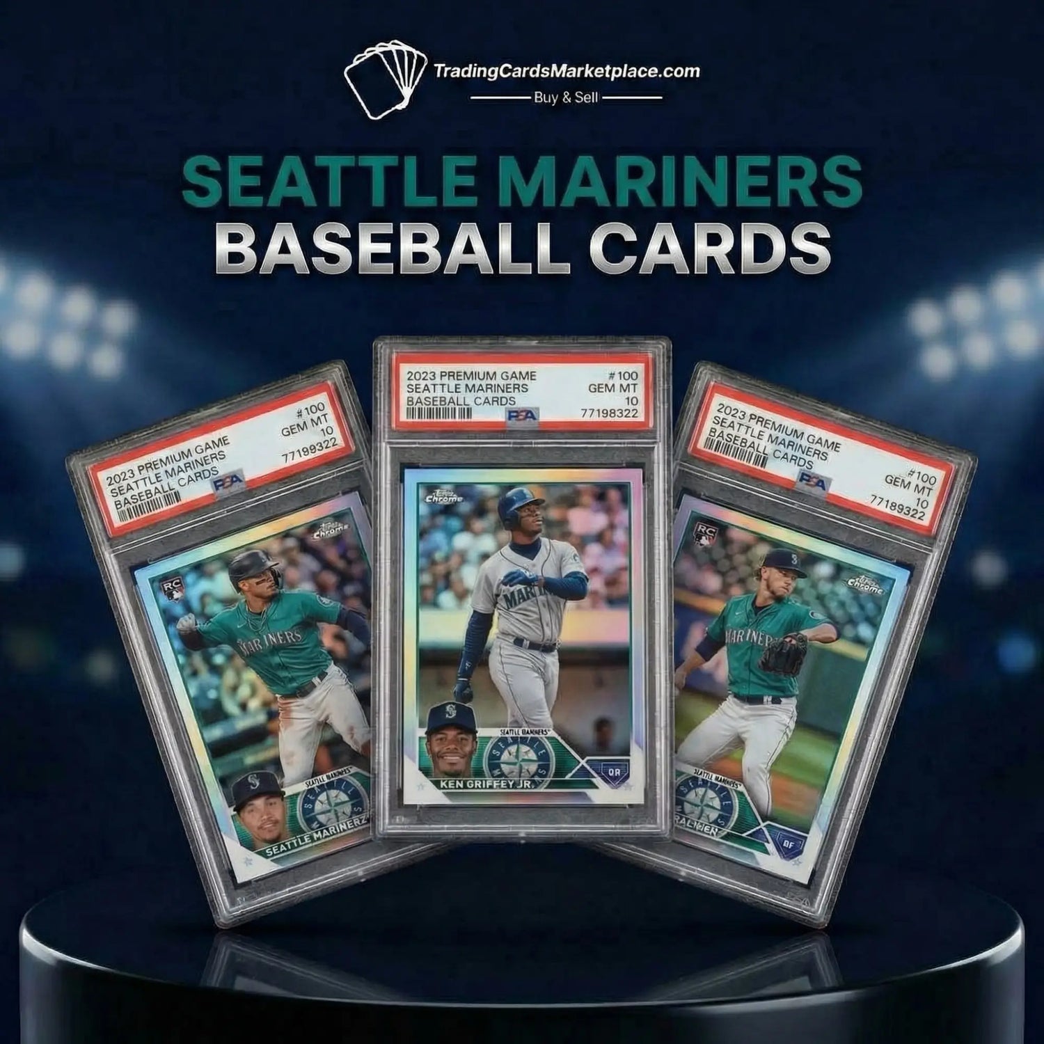 Seattle mariners baseball cards featuring players in teal uniforms with white lettering and numbers, displayed against a backdrop of confetti.