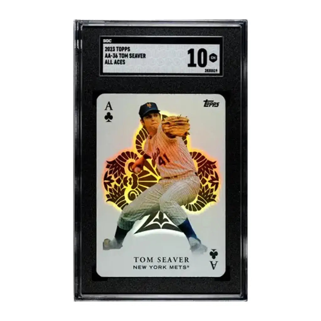2023 topps all aces tom seaver baseball card, featuring a dynamic image of the new york mets pitcher in his iconic uniform with a glowing ornate design behind him.