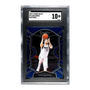 A 2020-21 panini select blue retail graded 10 card featuring luka doncic in a white dallas mavericks jersey holding an orange basketball, encased in clear protective slab.