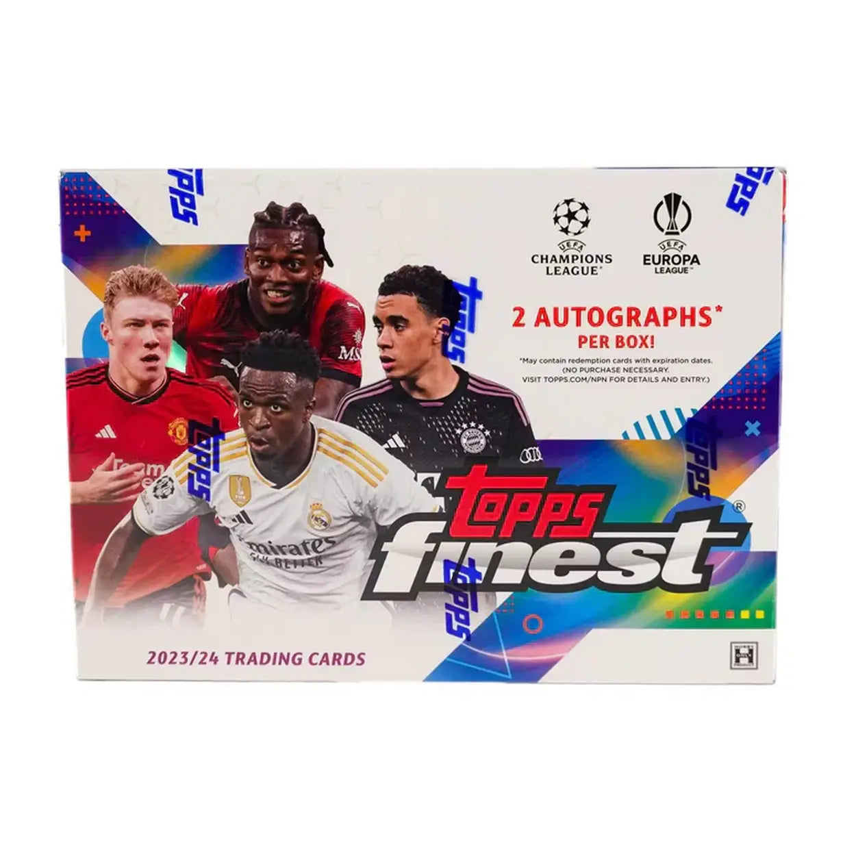 Topps Finest 2023/24 UEFA Champions League and Europa League trading card box featuring soccer players.