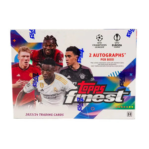 Topps Finest 2023/24 UEFA Champions League and Europa League trading card box featuring soccer players.