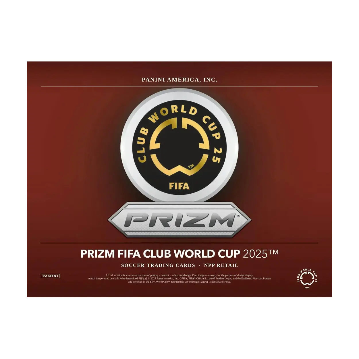 Silver and black circular logo with gold lettering for the panini prizm fifa club world cup 2025 soccer trading card box.