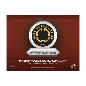Silver and black circular logo with gold lettering for the panini prizm fifa club world cup 2025 soccer trading card box.