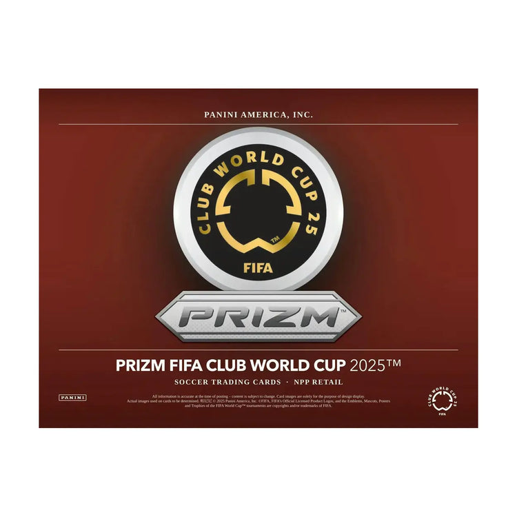 Silver and black circular logo with gold lettering for the panini prizm fifa club world cup 2025 soccer trading card box.