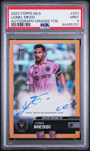 PSA-graded 2023 Topps MLS orange foil autographed soccer card in a protective case.