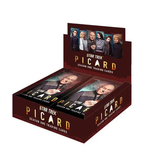 Maroon cardboard display box for star trek: picard season one trading cards, featuring gold lettering and images of the main cast.