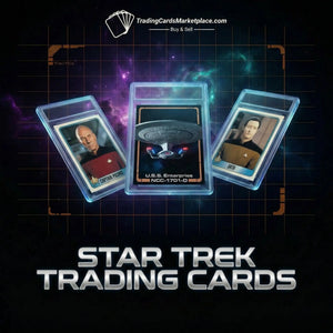 Three star trek trading cards in clear protective cases, featuring captain picard, data, and the u.s.s.