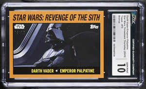Star wars: revenge of the sith trading card featuring darth vader and emperor palpatine in black-and-white, encased in a clear protective slab with an orange border.
