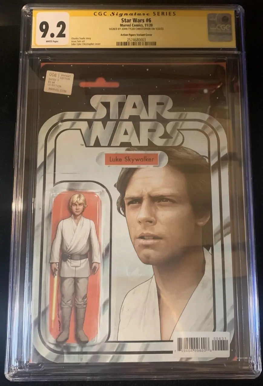 Star wars #6 comic book featuring a vintage-style luke skywalker action figure in its original packaging, encased in clear protective grading.