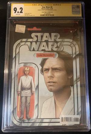 Star wars #6 comic book featuring a vintage-style luke skywalker action figure in its original packaging, encased in clear protective grading.
