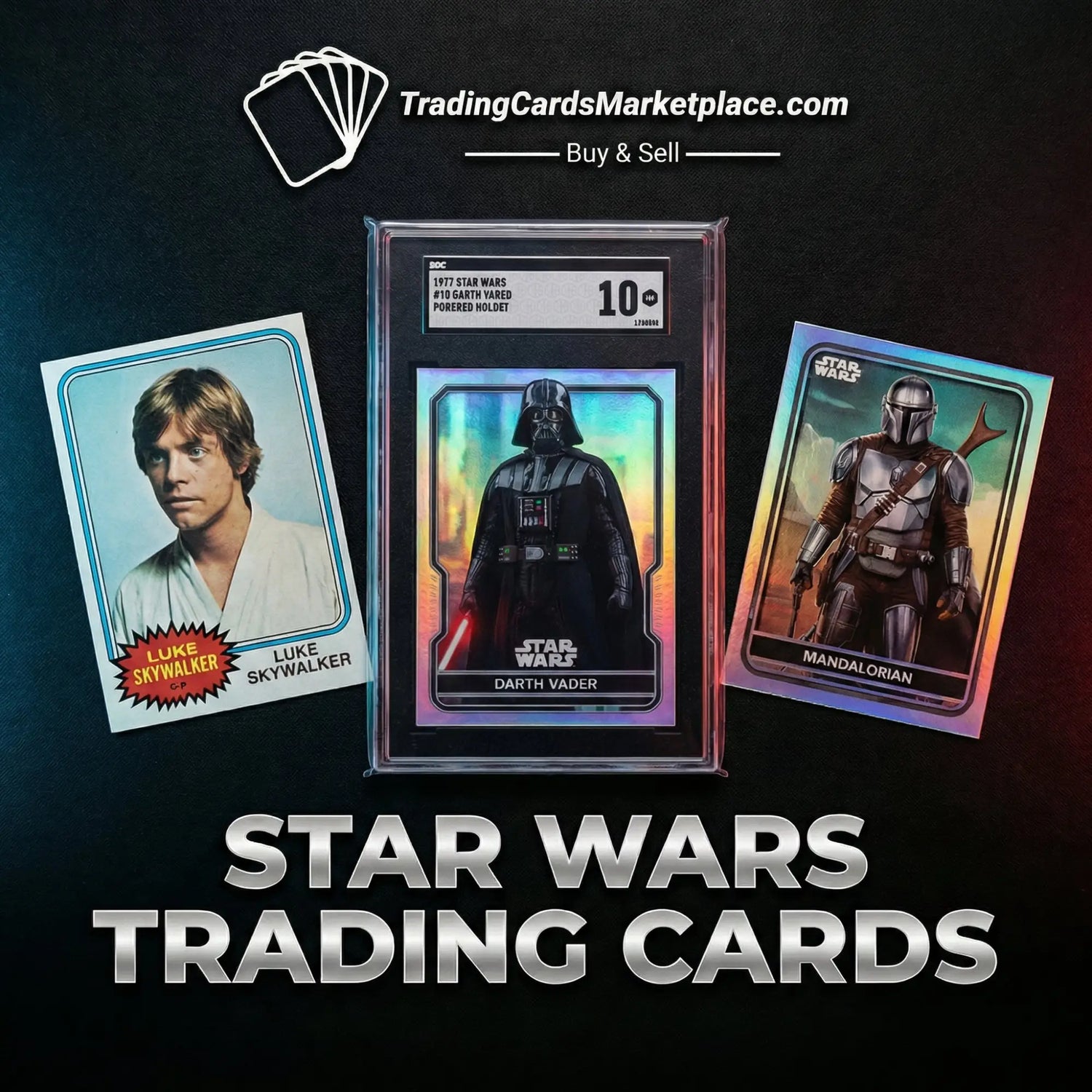 A holographic darth vader star wars trading card encased in a clear protective slab with an sgc grading label.