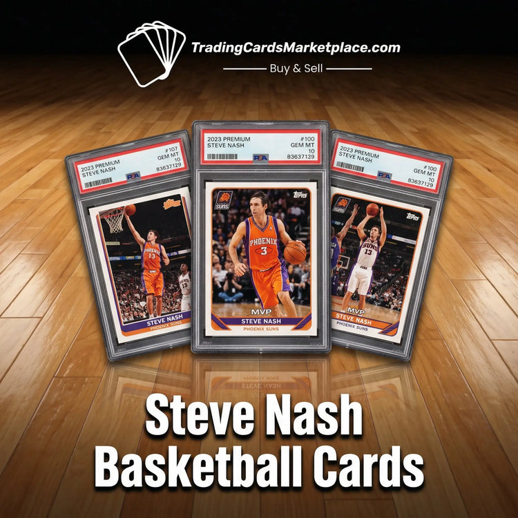 Three graded 2023 premium steve nash basketball cards in clear protective slabs, featuring vibrant orange and purple phoenix suns uniforms with ’mvp’ branding.