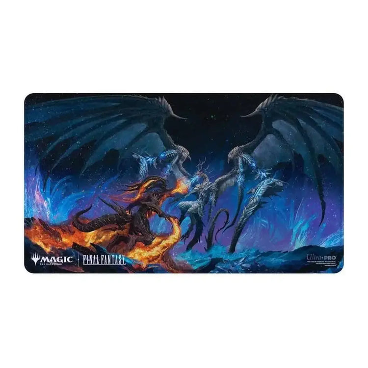 A rectangular magic: the gathering playmat featuring a dynamic illustration of dragons in combat against a cosmic backdrop, with vibrant blue and orange hues.