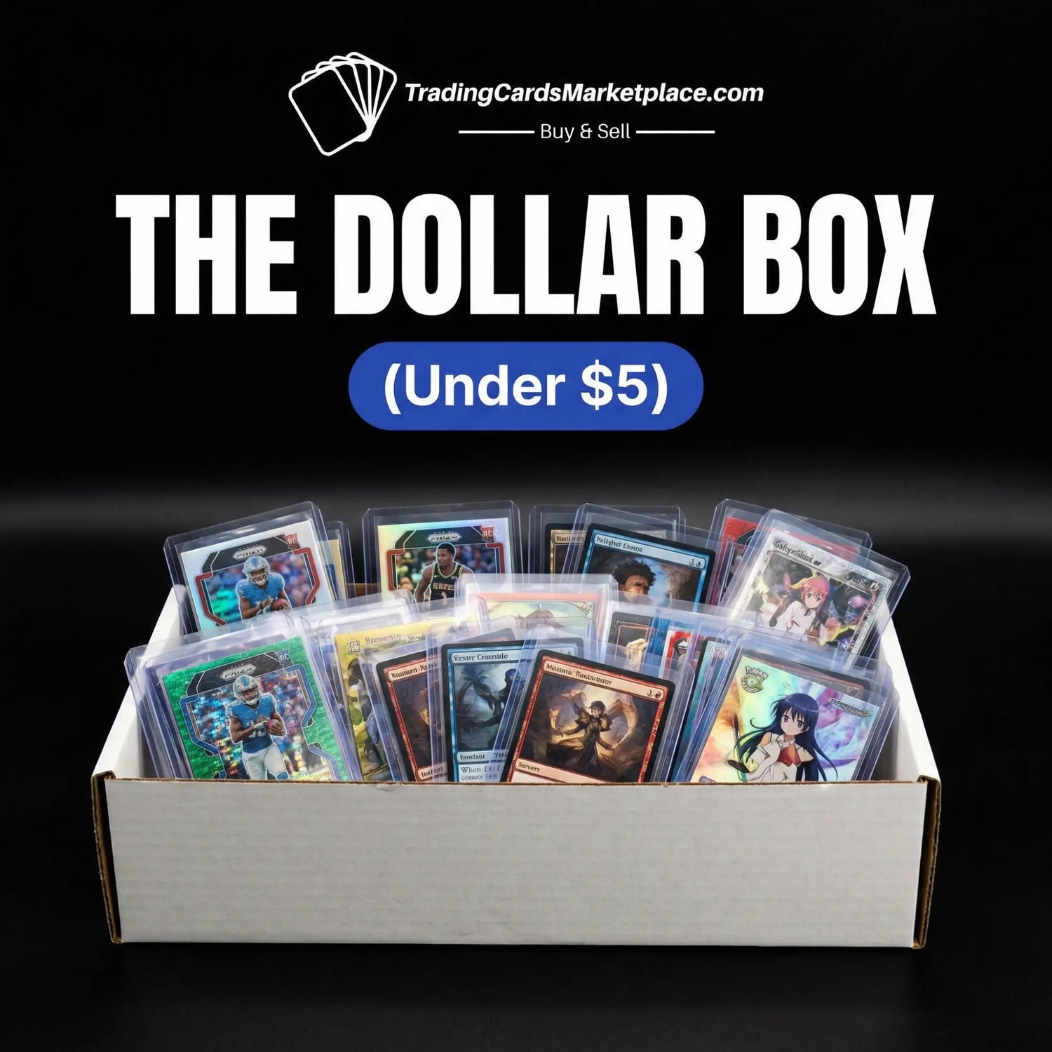 White cardboard box filled with assorted trading cards in clear protective sleeves.