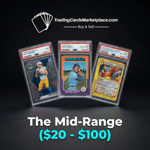 Three graded trading cards in clear protective cases, featuring a 2020 panini mosaic football card with blue and silver design, a 1975 topps baseball rookie card of george brett with purple border, and a 2