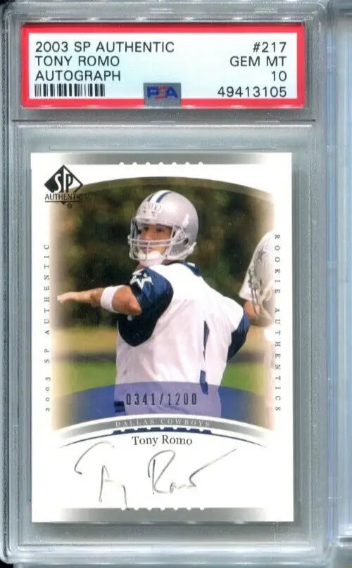 TONY ROMO 2003 SP #217 AUTO RC ROOKIE Dallas COWBOYS PSA 10 Gem Mint - Football Card Single