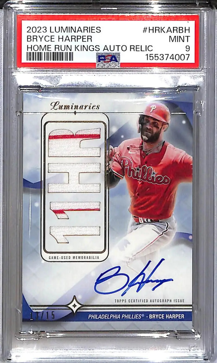 2023 Topps Luminaries Home Run Kings #HRKAR-BH Bryce Harper PSA 9 MINT MEM Auto 13/15 Philadelphia Phillies - Baseball