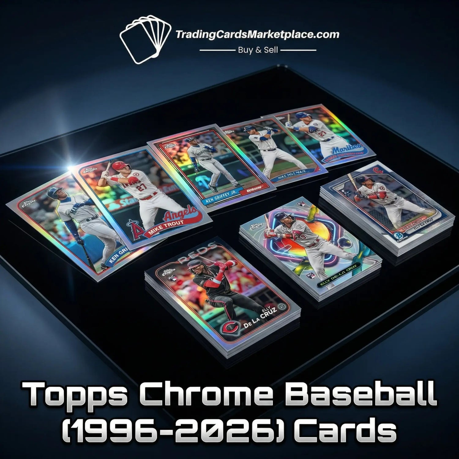 Shiny chrome baseball trading cards featuring players like mike trout and ken griffey jr., displayed in a sleek black tray.