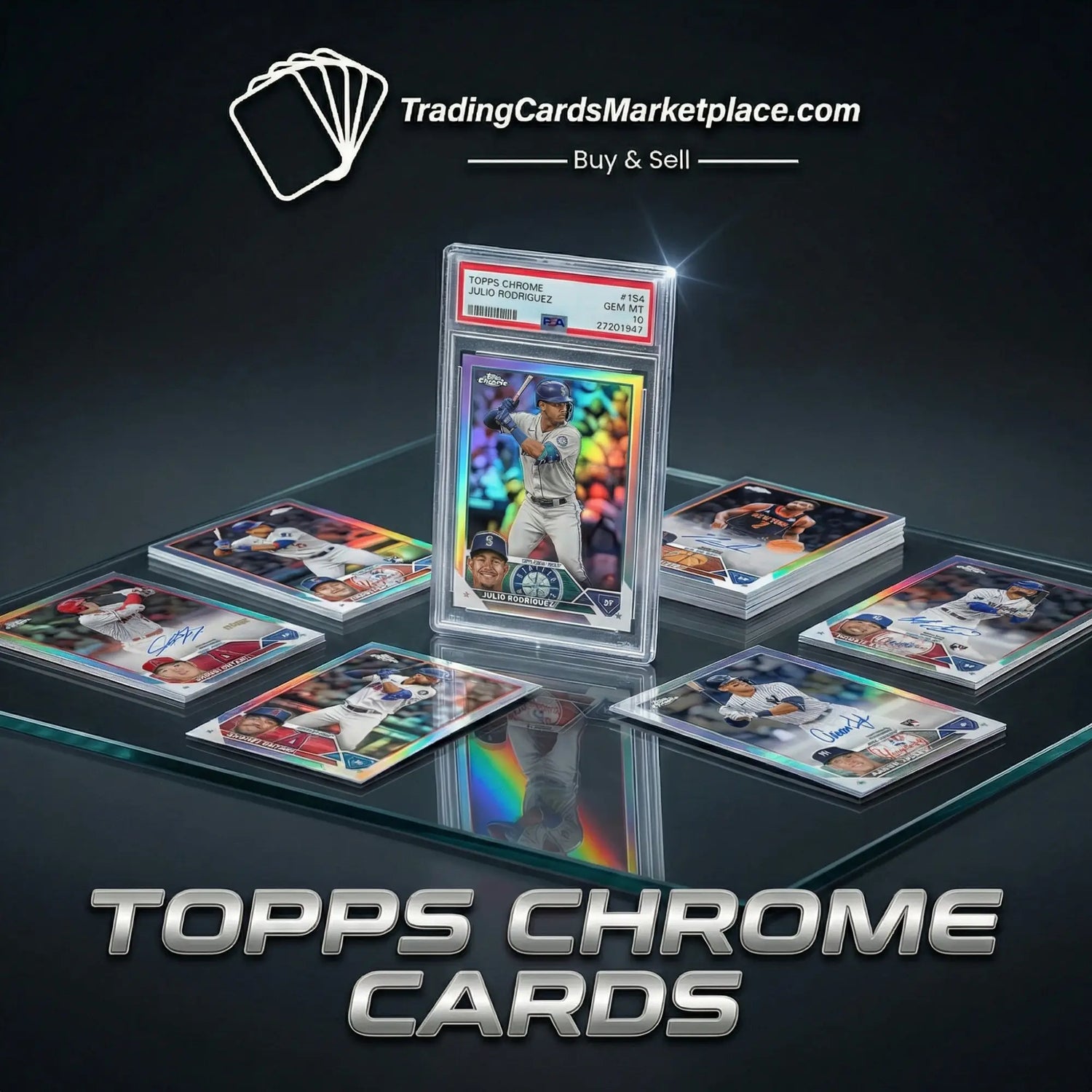 A holographic chrome baseball card featuring salvador rodriguez in a batting stance, encased in a topps chrome protective slab with a red and white grading label.