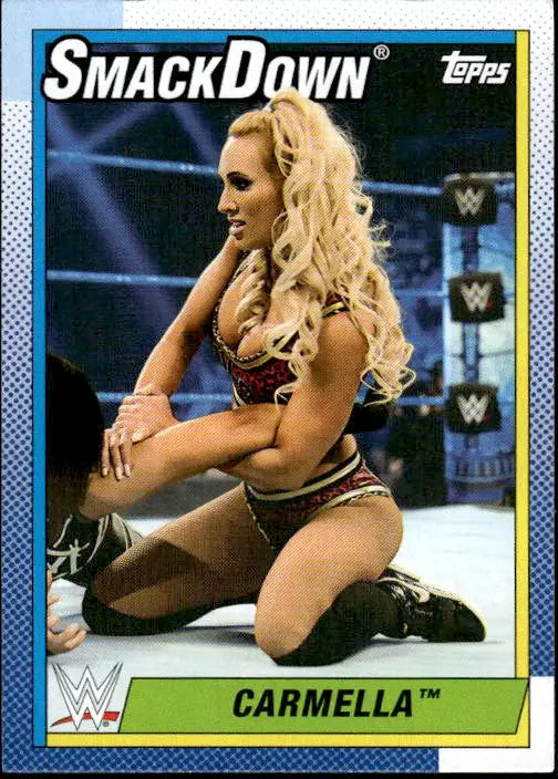 Carmella wrestling card from 2021 Topps Heritage WWE series, collectible sports card