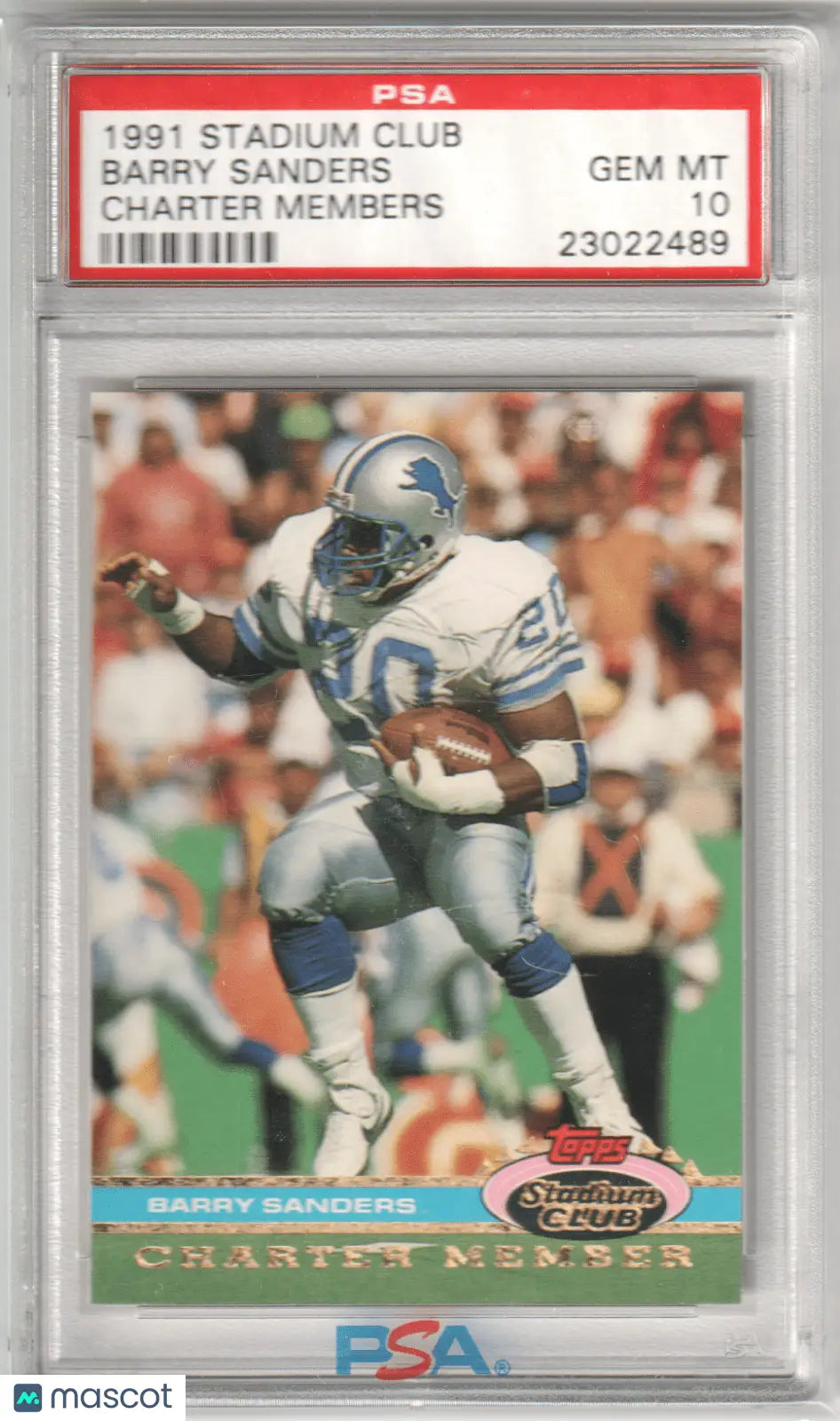 Graded Barry Sanders football card from Topps Stadium Club Charter by Columbia Hobby