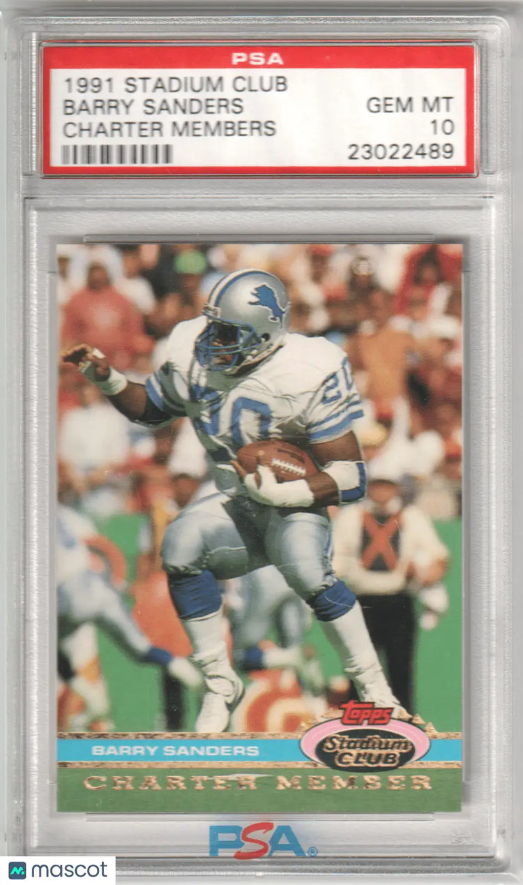 Graded Barry Sanders football card from Topps Stadium Club Charter by Columbia Hobby