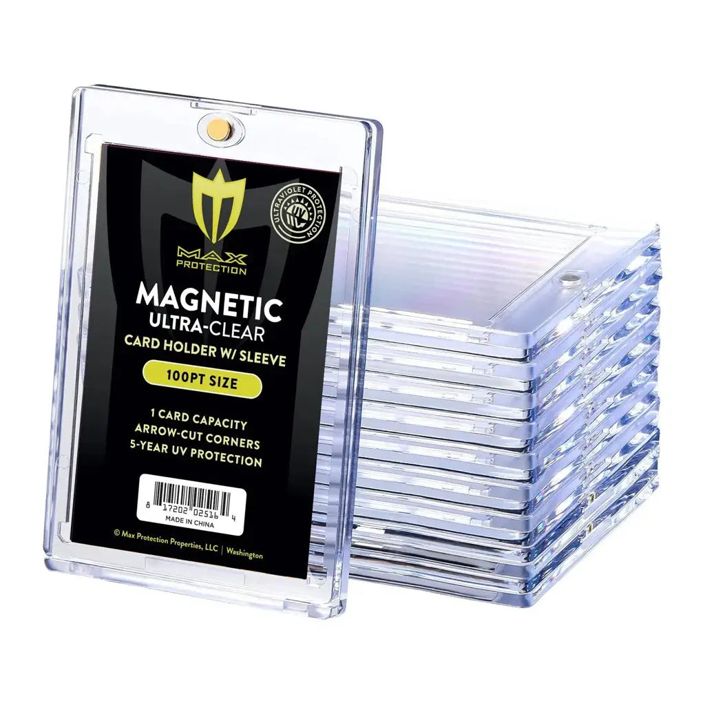 Ultra-clear magnetic card holder with arrow-cut corners and 5-year uv protection, 100pt size.