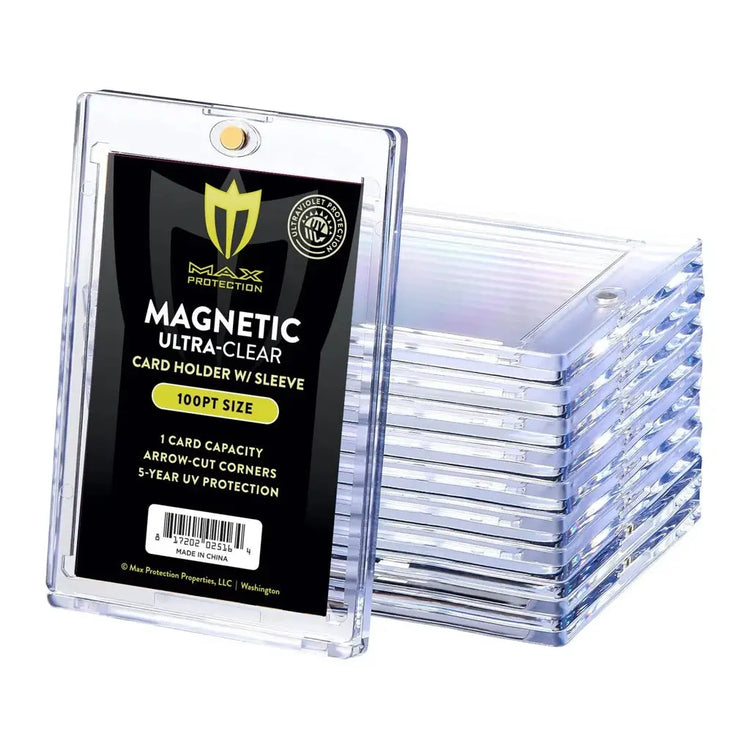 Ultra-clear magnetic card holder with arrow-cut corners and 5-year uv protection, 100pt size.