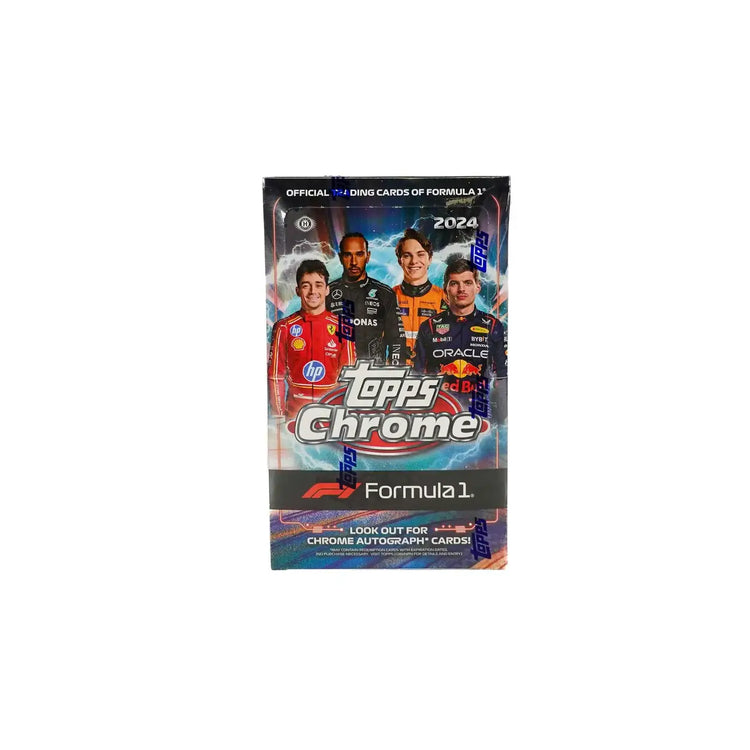 2024 topps chrome formula 1 trading card pack featuring five drivers in their racing suits against a dynamic blue and silver background.
