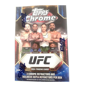 2024 Topps Chrome UFC trading card box featuring four fighters on the cover.