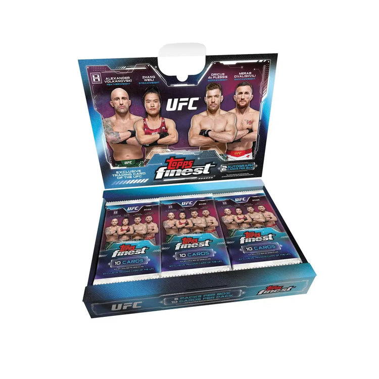 Blue and black ufc topps finest trading card box featuring images of fighters like alexander volkanovski, zhang weili, and others.