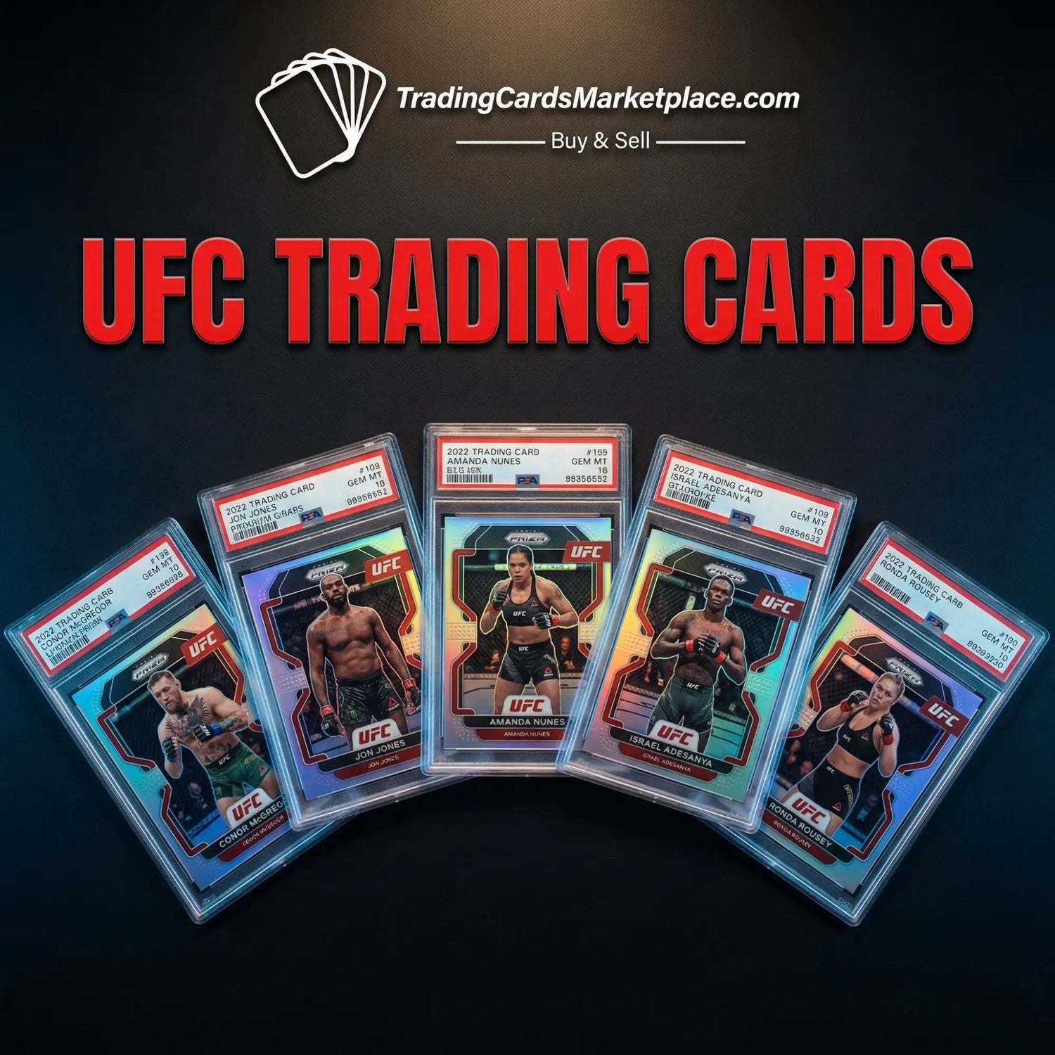 Five ufc trading cards in protective psa holders, featuring holographic iridescent finishes and vibrant color accents.