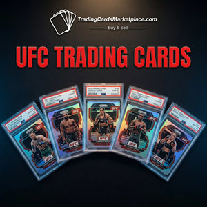 Five ufc trading cards in protective psa holders, featuring holographic iridescent finishes and vibrant color accents.
