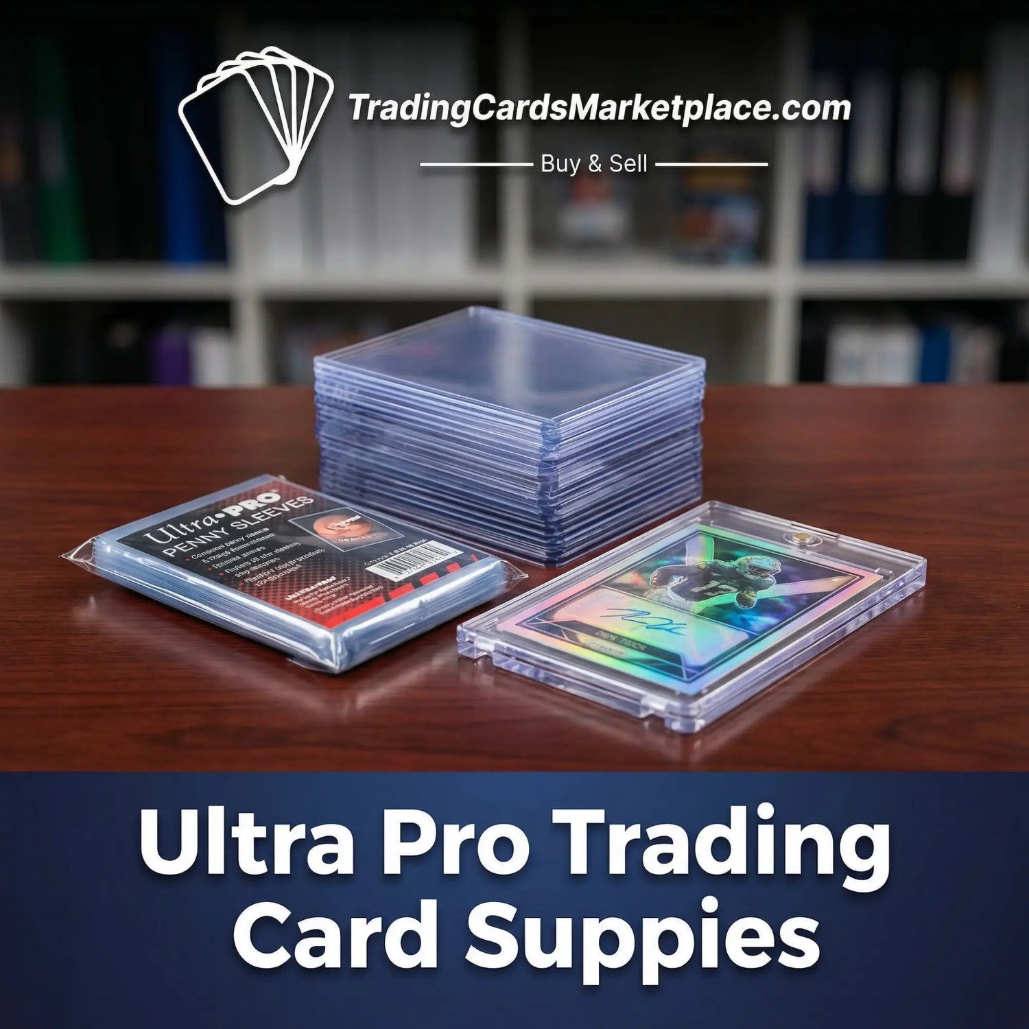 Clear plastic trading card sleeves and protective cases from ultra pro, featuring a stack of transparent sleeves and one holographic-iridescent card in a case.
