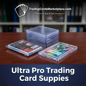 Clear plastic trading card sleeves and protective cases from ultra pro, featuring a stack of transparent sleeves and one holographic-iridescent card in a case.